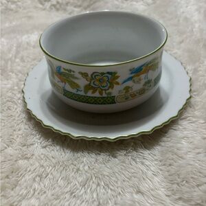 Vintage Sango One World Jade Garden Gravy Boat with attached plate